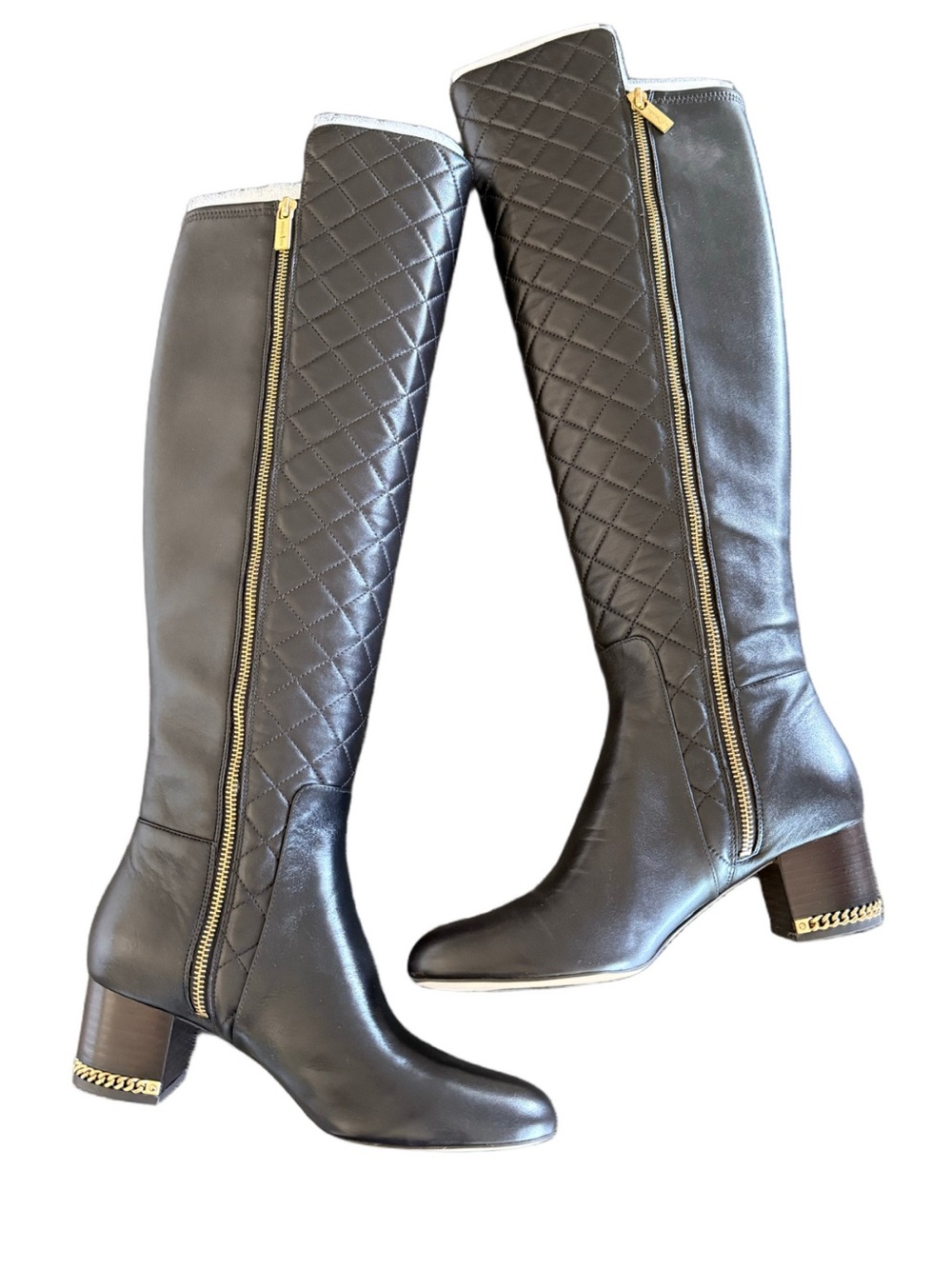 Michael Kors Sabrina Iconic MK Logo Chain Heel Tall Quilted Boots 8.5
